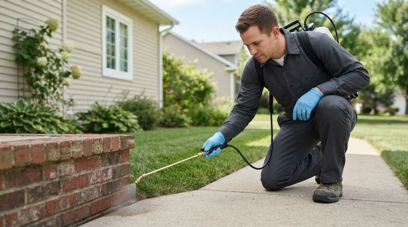 Pest control technician treating a home near Collinston, UT